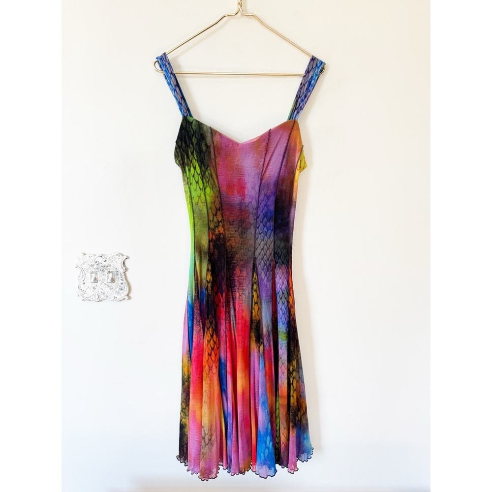 Elana Kattan Fit and Flare Mesh Paneled Midi Dress M Rainbow Multicolor